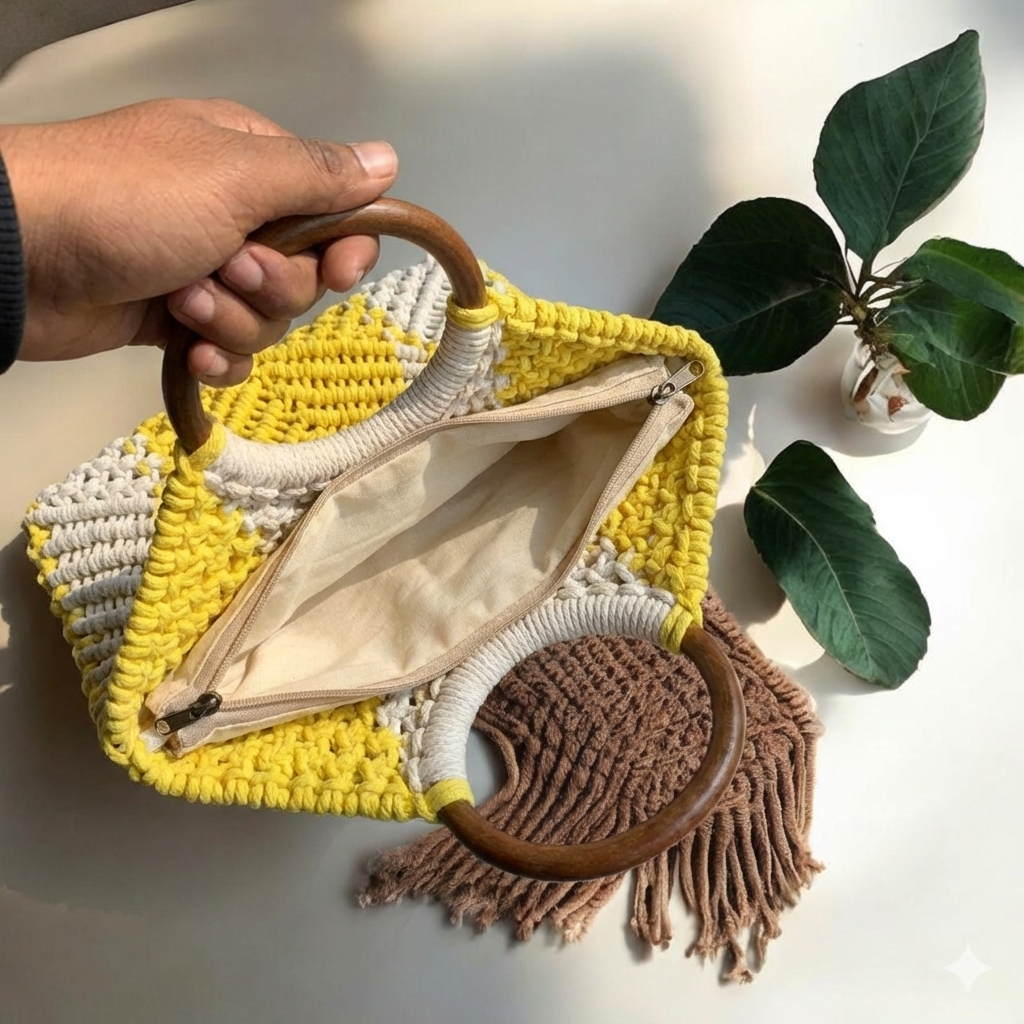 Solara Knit Top-Handle Bag – Mustard Ivory